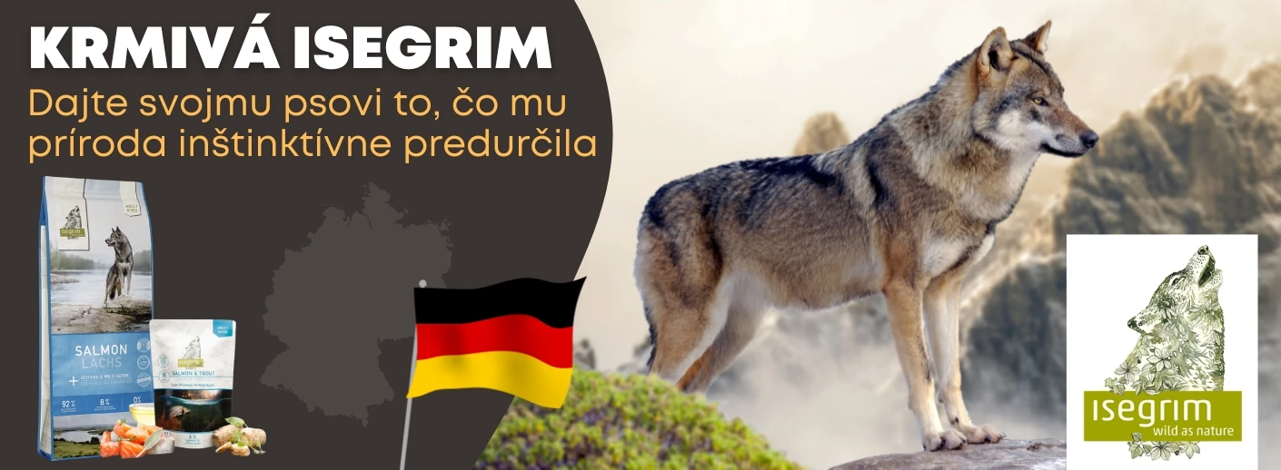 Isegrim – superprémiové mokré krmivo pre psov s vysokým obsahom čerstvého mäsa (až 92 %), bez obilnín, umelých prísad a konzervantov, inšpirované prirodzenou stravou psov a vlkov.“