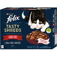 Kompletné lahodné kapsičky Felix Tasty Shreds, vlhké krmivo pre mačky, mäsový výber.