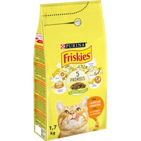 Kompletné krmivo pre mačky friskies s kuraťom a zeleninou. Granule pre všetky plemená mačiek.
