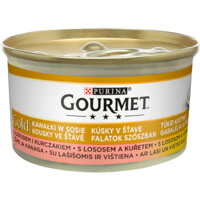 Lahodné kúsky v šťave Gourmet gold, kúsky s lososom a kuraťom. Vlhké krmivo pre vaše mačky.