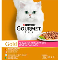 Kompletné krmivo pre mačky v konzerve, lahodné kúsky a plátky GOURMET Gold .
