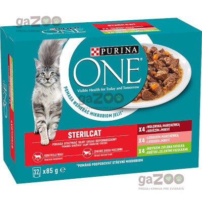 PURINA ONE Sterilcat s lososom, mrkvou, hovädzím, morkou, zelenými fazuľkami v šťave 12x85g