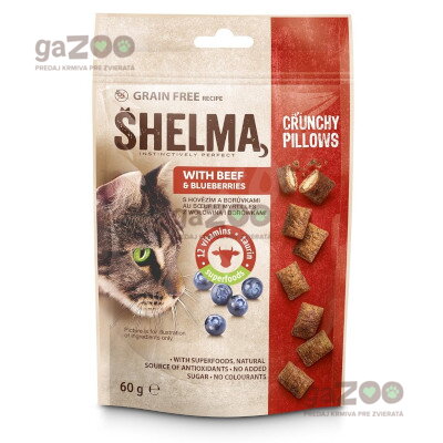 SHELMA bezobilné vankúšiky pre mačku hovädzie a čučoriedka 60 g