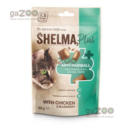 SHELMA Plus Anti-Hairball bezobilné vankúšiky pre mačku s kuracím a čučoriedkami 60g