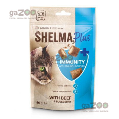 SHELMA Plus Immunity bezobilné vankúšiky pre mačku s hovädzím a čučoriedkami 60g