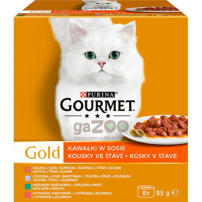GOURMET Gold kačica s olivami / teľacím so zeleninou / pstruh so zeleninou / králik s mrkvou v šťave 8 x 85 g
