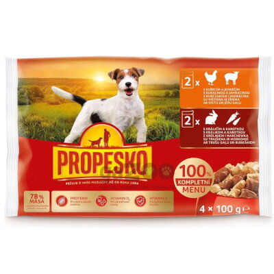 PROPESKO Dog kúsky v omáčke králik-mrkva / kura-jahňa 4x100g