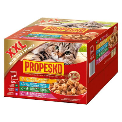 PROPESKO Cat kapsičky kúsky v šťave kura, losos, králika, hovädzie 24x100g