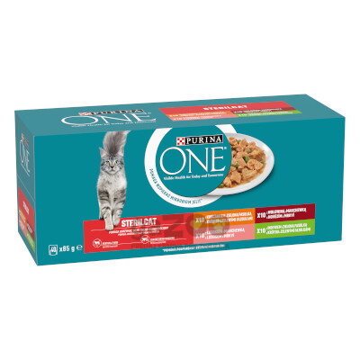 PURINA ONE Multipack Sterilcat mini filetky s hovädzím, kuraťom, lososom, morkou v šťave 40x85g