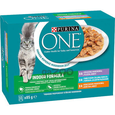 PURINA ONE Indoor s teľacím, mrkvou, kuraťom, mrkvou, tuniakom, zelenými fazuľkami v šťave 12x85g
