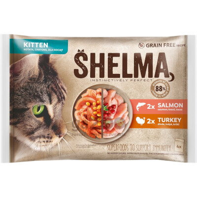 SHELMA kapsičky Kitten losos, moriak 4x85g