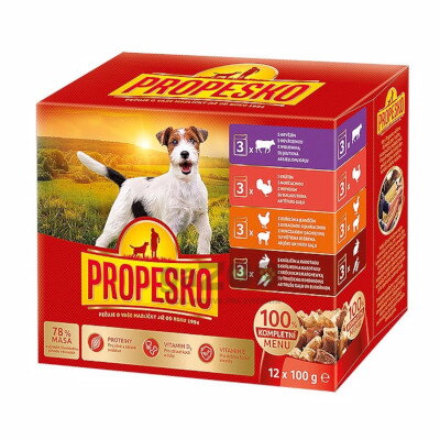 PROPESKO Dog kúsky v omáčke hovädzie, kura a jahňa, morka, králik s mrkvou 12x100g