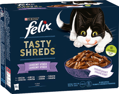 Lahodné vlhké krmivo Felix Tasty shreds, mix výber s mäsom aj rybami. Kapsičky pre vaše mačičky.