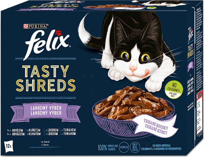Lahodné vlhké krmivo Felix Tasty shreds, mix výber s mäsom aj rybami. Kapsičky pre vaše mačičky.