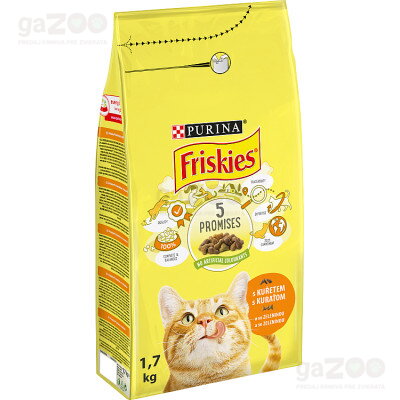 Kompletné krmivo pre mačky friskies s kuraťom a zeleninou. Granule pre všetky plemená mačiek.