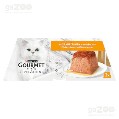 Kompletné krmivo pre dospelé mačky. Paštéta s kuraťom a omáčkou na povrchu.