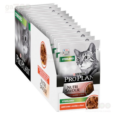 Kompletné krmivo Pro Plan pre dospelé sterilizované / kastrované mačky, s hovädzím v šťave.