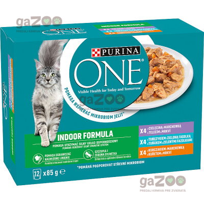 PURINA ONE Indoor s teľacím, mrkvou, kuraťom, mrkvou, tuniakom, zelenými fazuľkami v šťave 12x85g