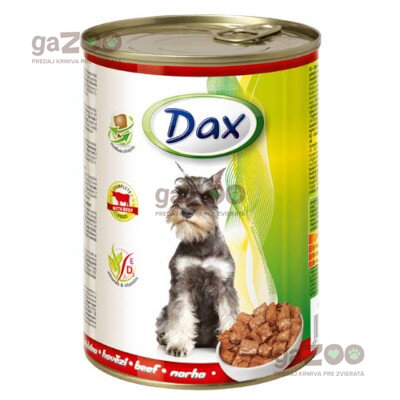 DAX Dog kúsky hovädzie, mäsová konzerva pre psy.