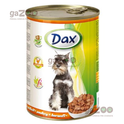 DAX Dog kúsky hydina, mäsová konzerva pre psov s kuracím.