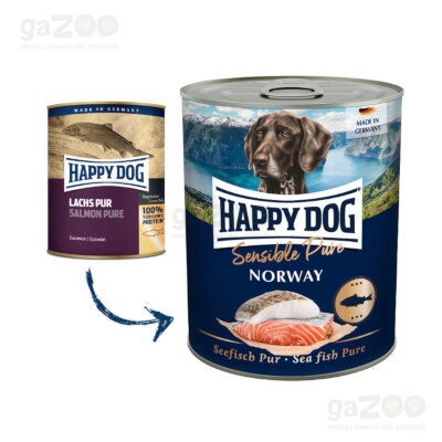 HAPPY DOG Lachs Pur Norway, mäsová konzerva pre psy z lososa, bez pridanej rastlinnej zložky.