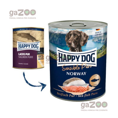 HAPPY DOG Lachs Pur Norway, mäsová konzerva pre psy z lososa, bez pridanej rastlinnej zložky.