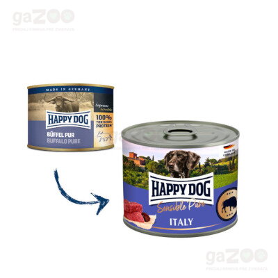 HAPPY DOG Buffel Pur mäsová konzerva plná byvolieho mäsa, bez rastlinných prídavkov.