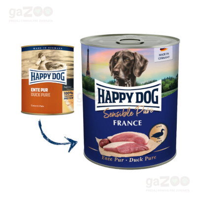 HAPPY DOG Ente Pur France mäsová konzerva plná kačacieho mäsa, bez rastlinných prídavkov.