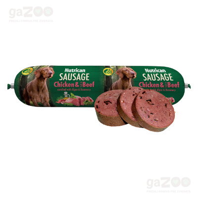 Mäsová saláma pre psov Nutrican, s kuracím a hovädzím mäsom.